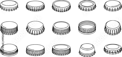 Bottle caps isolated outline set icon.