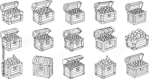 Chest treasure outline vector set icon. Vector illustration on wooden box of gold white background.
