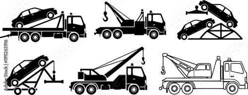 Truck tow isolated black set icon. Vector illustration evacuator on white background. Vector black set icon truck tow.
