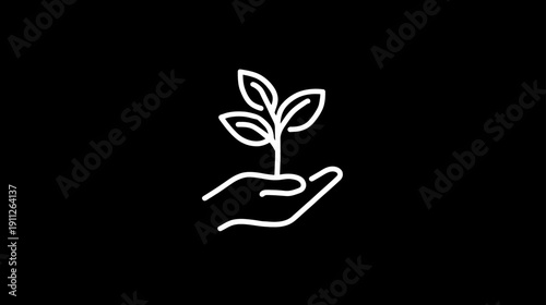 Minimalist line icon of a hand holding a small plant sprout, representing growth, nature, sustainability, and green initiatives.