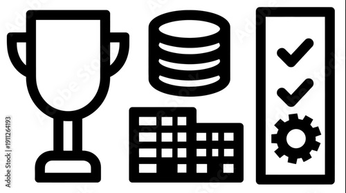 Business Management Outline Icons Set: Trophy, Data Stacks, Office Building, and Workflow Checklist Vector Graphics