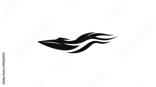 Sleek black speedboat silhouette with dynamic water trail, modern abstract design, fast powerboat vector icon.