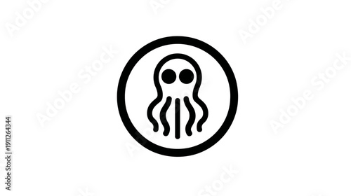 Minimalist octopus icon with tentacles in a black circular frame. Simple line art vector illustration of a marine animal.