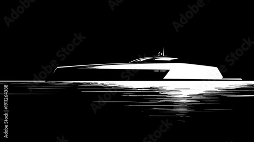 Sleek Modern Luxury Yacht Cruising at Night, Illuminated by Reflections on Dark Water. Abstract Black and White Silhouette Design.
