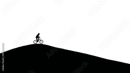 Minimalist black and white silhouette of a cyclist riding a bicycle up a steep hill, abstract graphic design concept.