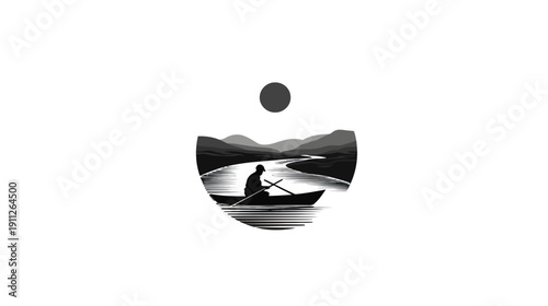 Minimalist monochrome illustration of a lone paddler on a calm river through mountains with a celestial orb above.