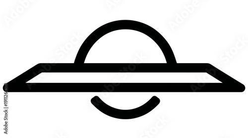 Minimalist UFO icon, black outline flying saucer symbol for alien, space, mystery, science fiction, and extraterrestrial design