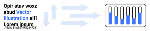 Blue arrows show movement towards a container with vertical bars partially filled in blue. Ideal for process visualization, data analysis, workflow, progress, strategy, concept flow, simple landing