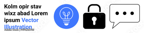 Technology innovation, cybersecurity, communication, data protection, creative ideas, secure messaging. Blue lightbulb, black lock speech bubble icons. Innovation and cybersecurity concepts