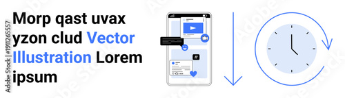 Time management, communication, productivity, digital interaction, scheduling tools, and user interface concept. Mobile screen displaying chat bubbles and a clock icon. Time management