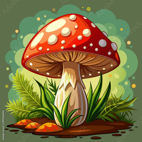 Mushroom amanita toadstool fungus with red cap and white spot in forest nature scene. Botanical fly agaric plant with stem and gill surrounded by grass and leaf foliage