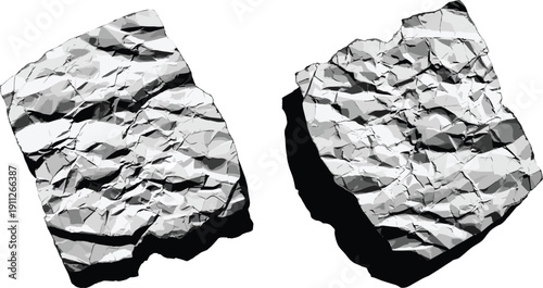 Crumpled paper sheets isolated on a plain white background from a direct overhead viewpoint