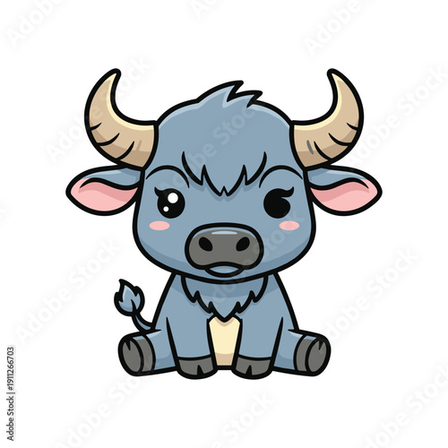 Cute cartoon bull character sitting angry grumpy pose isolated vector illustration