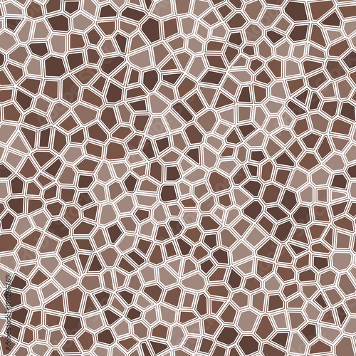 Voronoi tessellation seamless pattern. Abstract geometric design with irregular polygonal cells. Neutral earth tones with white outlines.
