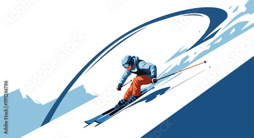 Illustration of a skier in motion on a snowy slope with mountains and dynamic blue lines in the background.