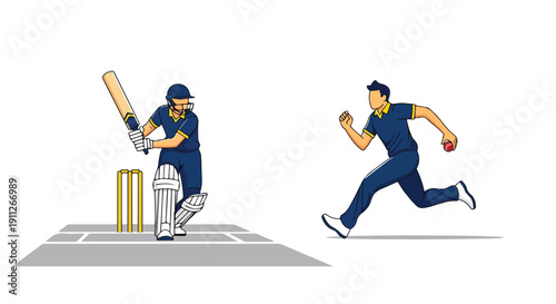 Two cricket players in action on a cricket pitch with a batsman and a bowler in a dynamic scene.