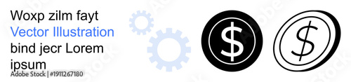 Financial services, business strategy, currency exchange, economic growth, wealth management, digital economy. Graphic with dollar signs and gears. Financial services and business strategy