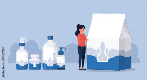 Illustration of a woman standing next to a large carton and various bottles of cleaning supplies on a light blue background with a minimalist composition.