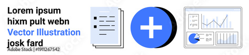 Stack of papers, blue plus sign, and analytics dashboard. Ideal for organization, workflow, technology, analytics, management, teamwork simple landing page