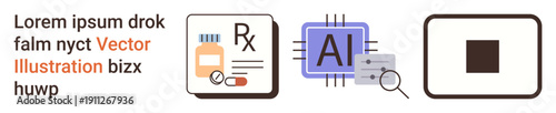 Technology, healthcare, medical records, digital tools, prescriptions, artificial intelligence. A set of icons AI circuits, medical drug labels and digital elements. Technology and healthcare
