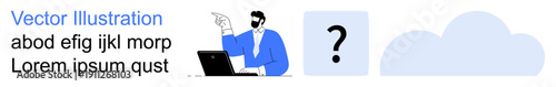 Business concepts, decision-making, brainstorming, online strategies, problem solving, innovation. Man pointing near laptop, question mark cloud icon. Decision-making and brainstorming creative