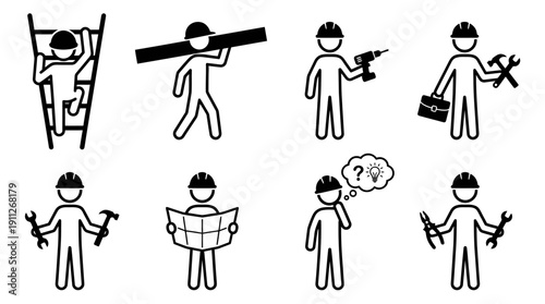 Construction workers in various actions with tools and hard hats