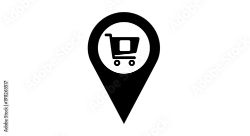 Shopping cart location pin icon. Retail store finder, e-commerce delivery, shop map marker, local business concept.