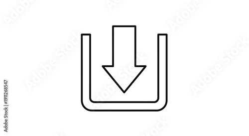 Download icon with downward arrow and box container, representing data transfer, web interface, UI element, or file storage. Simple vector graphic.