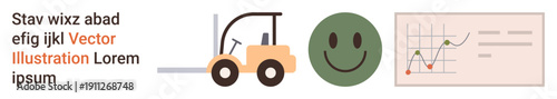 Logistics, productivity, data analysis, performance tracking, industrial processes, business operations. Forklift, green happy face graph with trends. Logistics and productivity concepts