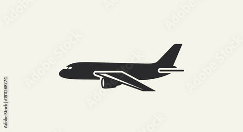 Minimalist black silhouette of a commercial passenger airplane in flight, representing travel, aviation, and air transport