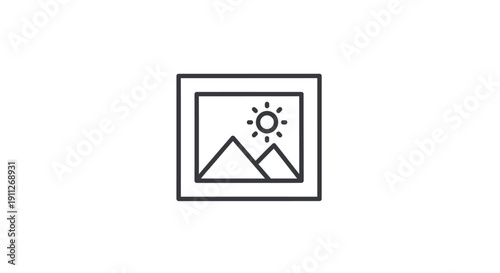 Free Download Minimalist image icon with mountains and sun, representing a photo gallery, picture placeholder, or multimedia symbol in line art. - GFXLoad