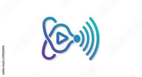 Modern gradient icon of an ear-worn device emitting sound waves, symbolizing audio playback, listening, and hearing technology.