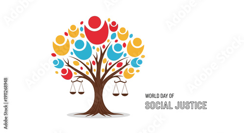 Illustration of a tree with diverse human icons and scales on World Day of Social Justice, symbolizing equality, fairness, and human rights with vibrant colors.