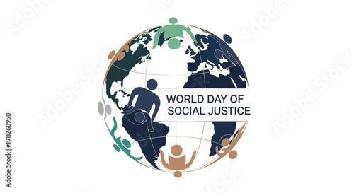 Illustration of a globe with diverse silhouettes and leaves, promoting World Day of Social Justice with a logo, symbolizing equality, human rights, and solidarity on a white background.