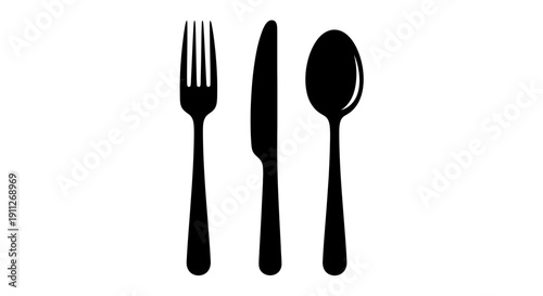 Black silhouette of a fork, knife, and spoon set. Generic dining cutlery icon isolated on white background, perfect for menu design.