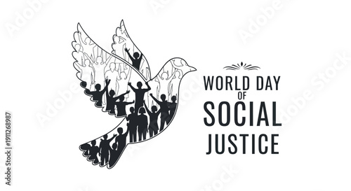 Black and white illustration of a dove with people forming its body, symbolizing solidarity and social justice, against a clean white background with the words 'World Day of Social Justice'
