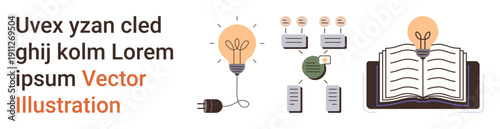 Education, brainstorming, knowledge sharing, ideas, creative thinking, learning tools. Light bulb, diagrams and open book. Education and brainstorming visual ideas for presentations and materials