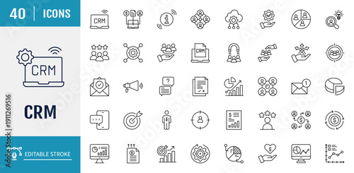 Customer Relationship Management Icon set. CRM icon set. Includes marketing, data, report, strategy, audience, manager, and more. Outline icon set. Vector illustration with editable stroke