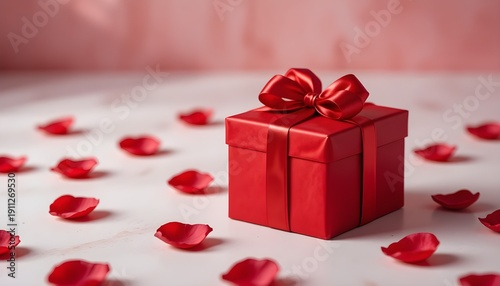 Luxury Red Gift Box with Satin Ribbon Surrounded by Rose Petals for Romantic Valentine’s Day, Love Celebration, Anniversary Surprise, and Premium Holiday Present Concep