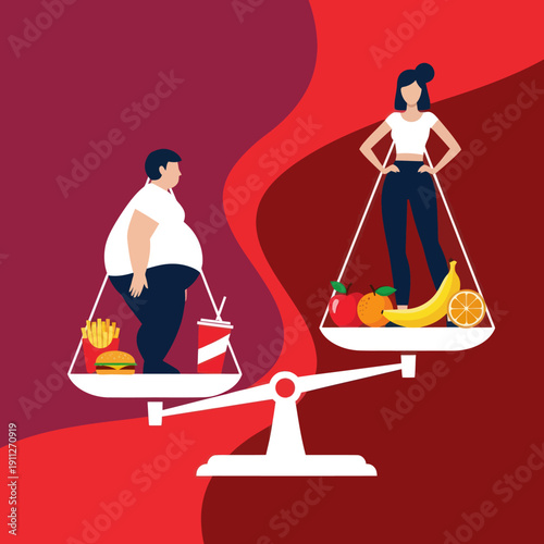 Illustration of Man and Woman on Scales with Food.