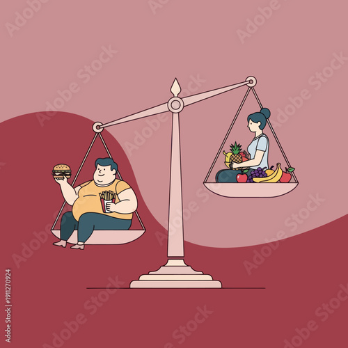 Man and Woman on Scale with Food and Drink.