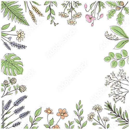 手描きボタニカル総囲みフレーム／Hand Drawn Botanical Full Border Frame