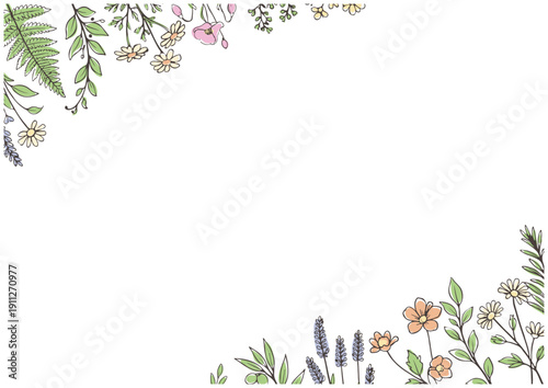 手描き斜め配置ボタニカルフレーム／Hand Drawn Diagonal Botanical Frame Design