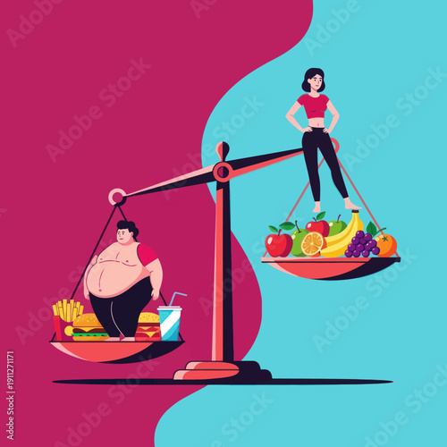 Woman Comparing Healthy and Unhealthy Food Choices.