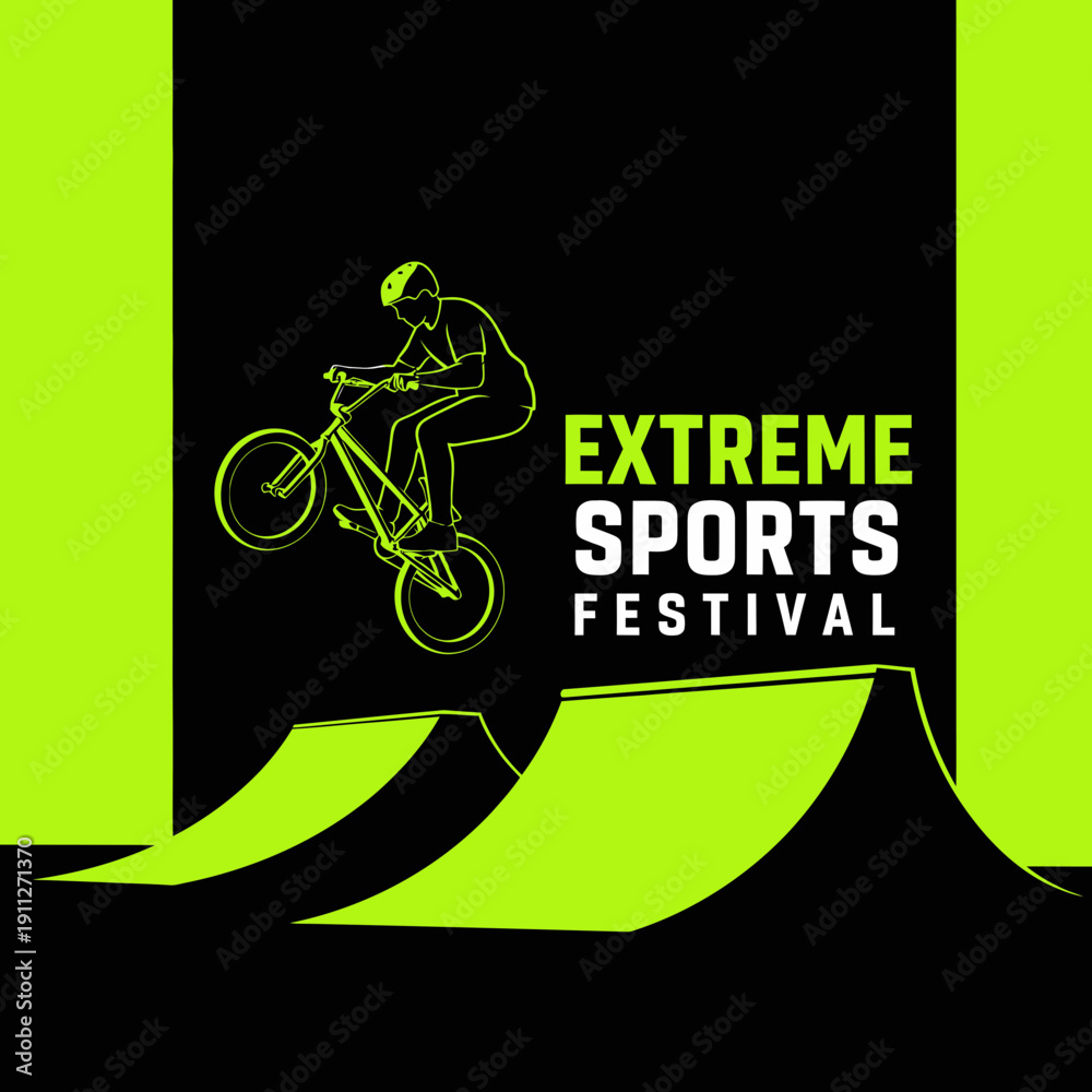 Fototapeta premium Dynamic Freestyle BMX Rider Soars Above Ramps at Neon Extreme Sports Festival Event