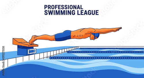 Dynamic Male Swimmer Launching From Starting Block In Competition