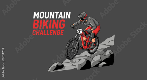 Dynamic Mountain Biking Challenge Rider Descending Steep Rocky Terrain