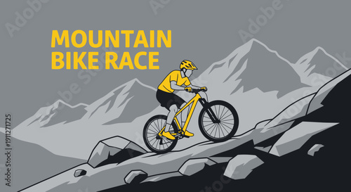 Dynamic Mountain Bike Race Action Illustration Featuring a Rider on Rugged Terrain