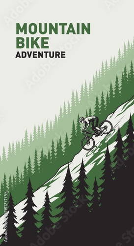 Dynamic Mountain Bike Rider Descending Forested Slopes Adventure Graphic