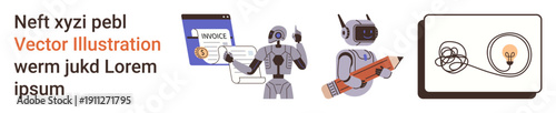 Business automation, AI creativity, finance technology, robotics, digital solutions, innovation. Robots working on tasks, invoice management and creative light bulb concept. Business automation